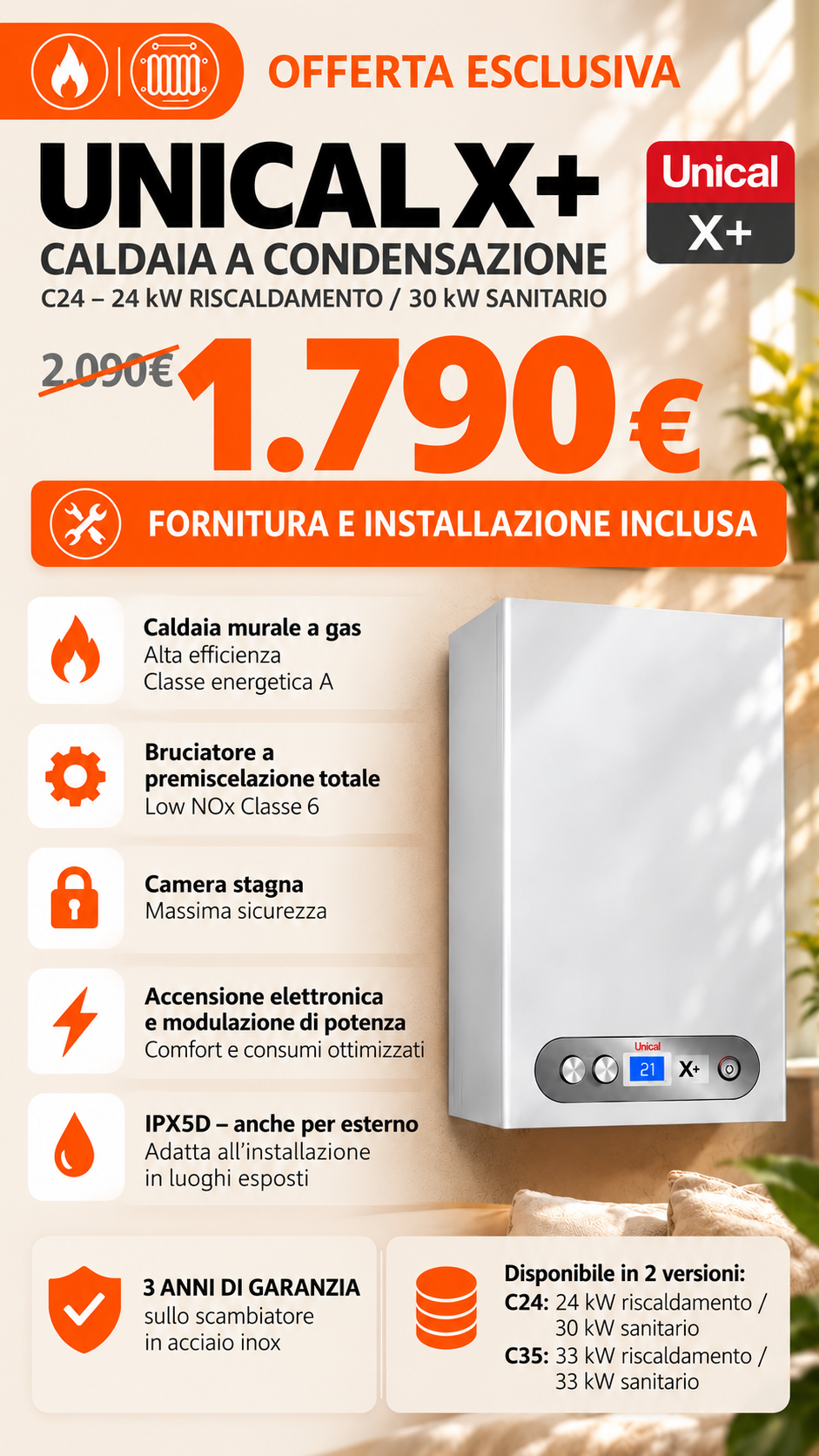 Offerta caldaia Unical X+ a condensazione 1.790 € con fornitura e installazione inclusa – EdilArte & Imgas Bari