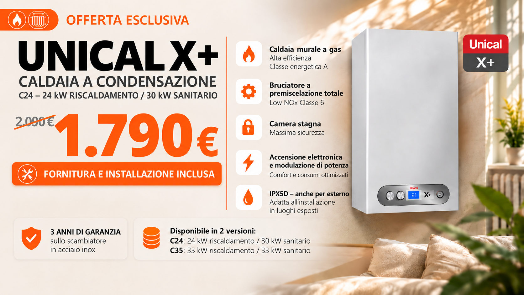 Offerta caldaia Unical X+ a condensazione 1.790 € con fornitura e installazione inclusa – EdilArte & Imgas Bari